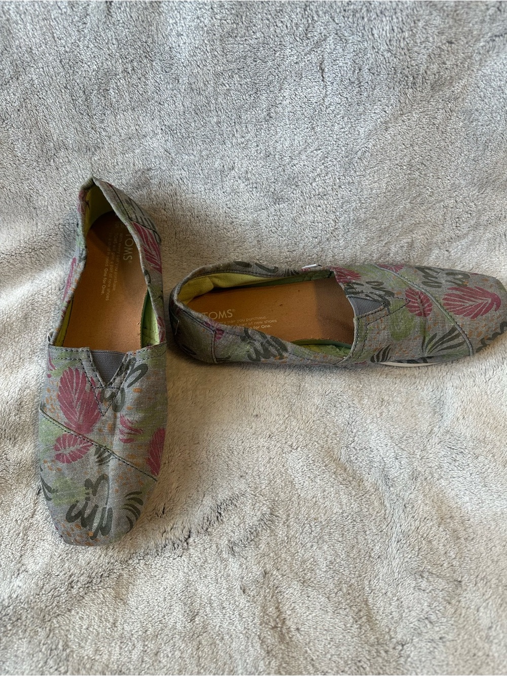 TOMS Floral Canvas Slip-Ons in Green and Pink